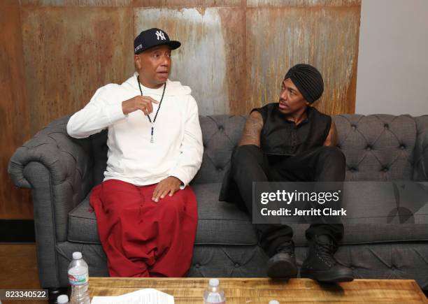 Russell Simmons and Nick Cannon backstage at VAN JONES WE RISE TOUR powered by #LoveArmy at Hollywood Palladium on July 26, 2017 in Los Angeles,...