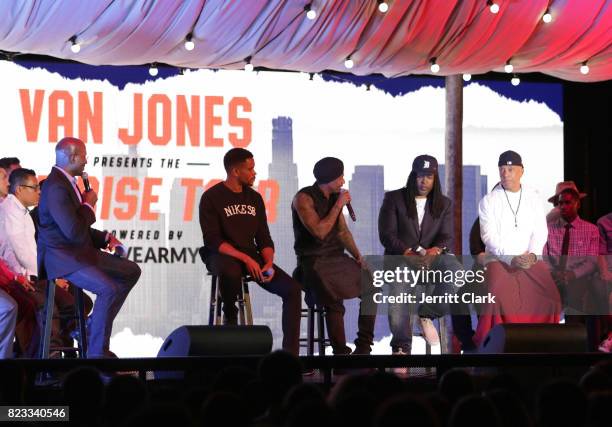 Van Jones, Nnamdi Asomugha, Nick Cannon, Shaka Senghor and Russell Simmons speak during VAN JONES WE RISE TOUR powered by #LoveArmy at Hollywood...