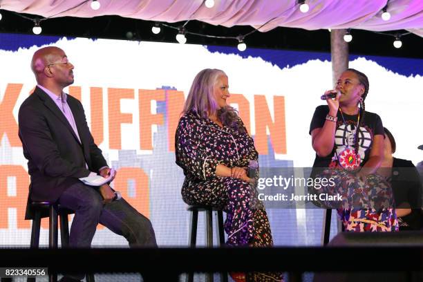 Van Jones, Marta Kauffman and YoNasDa LoneWolf speak during VAN JONES WE RISE TOUR powered by #LoveArmy at Hollywood Palladium on July 26, 2017 in...