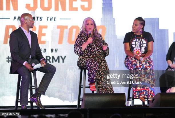 Van Jones, Marta Kauffman and YoNasDa LoneWolf speak during VAN JONES WE RISE TOUR powered by #LoveArmy at Hollywood Palladium on July 26, 2017 in...