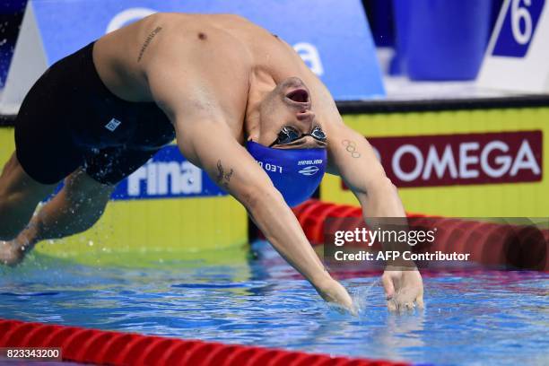 Brazil's Leonardo De Deus competes in a men's 200m backstroke heat during the swimming competition at the 2017 FINA World Championships in Budapest,...