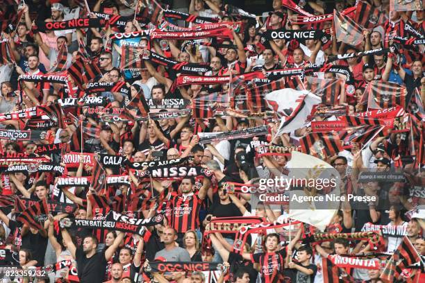 Fans of Nice during the UEFA Champions League Qualifying match between Nice and Ajax Amsterdam at Allianz Riviera Stadium on July 26, 2017 in Nice,...