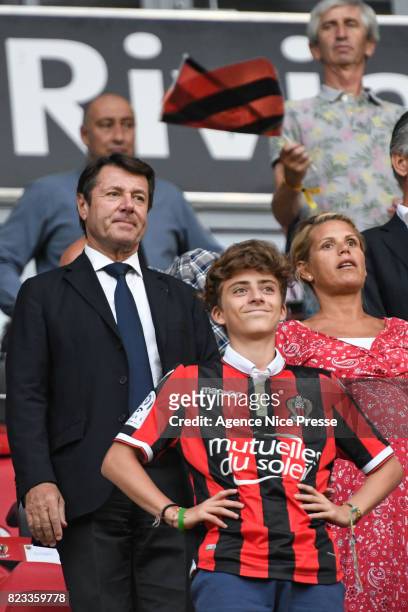 Christian Estrosi mayor of Nice and his wife Laura during the UEFA Champions League Qualifying match between Nice and Ajax Amsterdam at Allianz...
