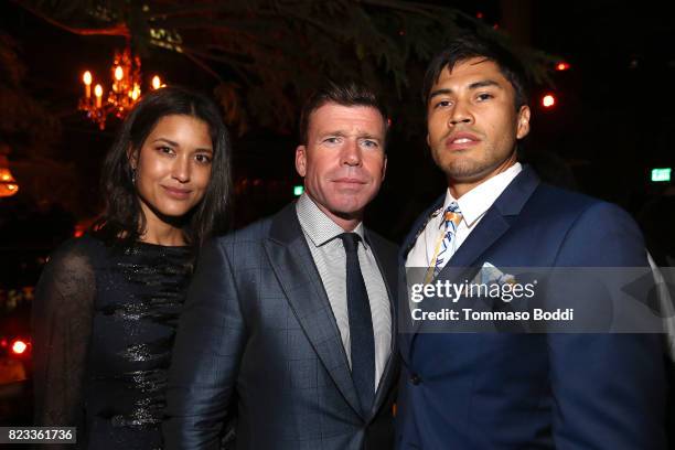 Actress Julia Jones, director Taylor Sheridan and actor Jon Bernthal attend the after party for "Wind River" Los Angeles Premiere presented in...