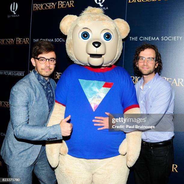 Jorma Taccone, Brigsby Bear and Kyle Mooney attend Sony Pictures Classics & The Cinema Society host a screening of "Brigsby Bear" at Landmark...