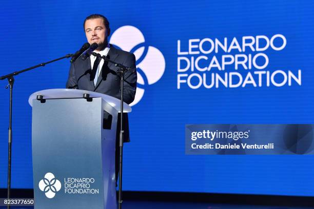 Leonardo DiCaprio speaks on stage the Leonardo DiCaprio Foundation 4th Annual Saint-Tropez Gala at Domaine Bertaud Belieu on July 26, 2017 in...