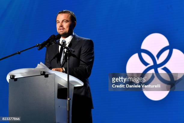 Leonardo DiCaprio speaks on stage the Leonardo DiCaprio Foundation 4th Annual Saint-Tropez Gala at Domaine Bertaud Belieu on July 26, 2017 in...