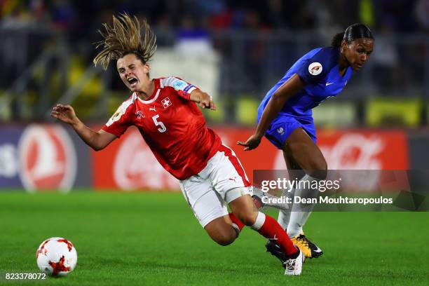 Noelle Maritz of Switzerland and Marie Laure Delie of France compete for the ball during the Group C match between Switzerland and France during the...