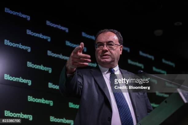 Andrew Bailey, chief executive officer of the Financial Conduct Authority, gestures while delivers a speech on the future of libor in London, U.K.,...