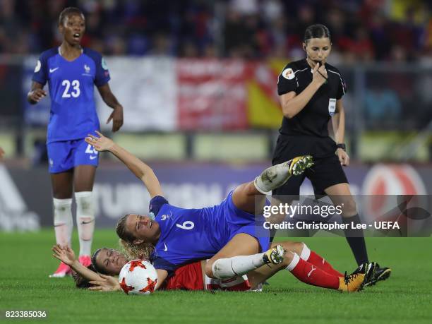 Amandine Henry of France battles with Viola Calligaris of Switzerland during the UEFA Women's Euro 2017 Group C match between Switzerland and France...