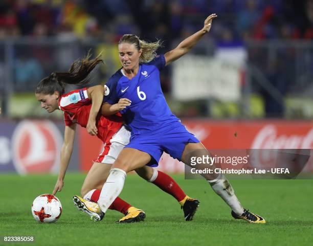Amandine Henry of France battles with Viola Calligaris of Switzerland during the UEFA Women's Euro 2017 Group C match between Switzerland and France...