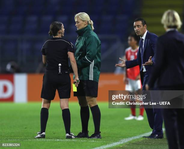 Olivier Echouafni, head coach of France looks confused with the referee, Katalin Kulcsar decision during the UEFA Women's Euro 2017 Group C match...