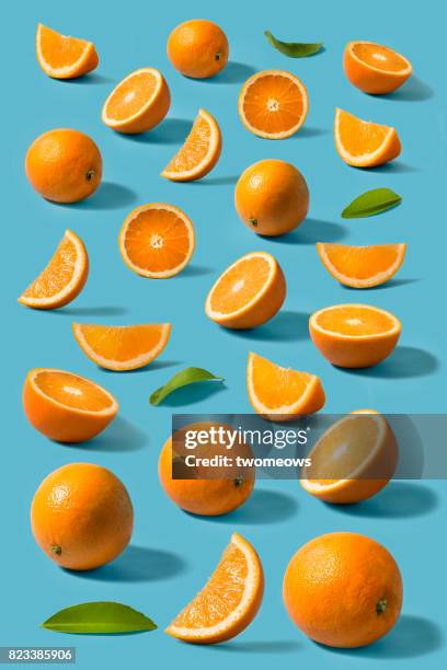 orange still life on blue background. - laranja imagens e fotografias de stock