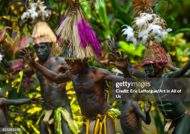 Small Nambas tribesmen with Big headdresses dancing during the palm tree dance, Malekula island, Gortiengser, Vanuatu on August 25, 2007 in...