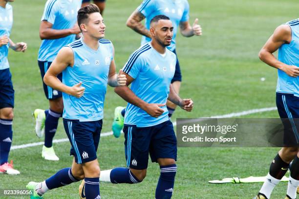 Florian Thauvin and Dimitri Payet of Marseille during the training session before the UEFA Europa League qualifying match between Marseille and...