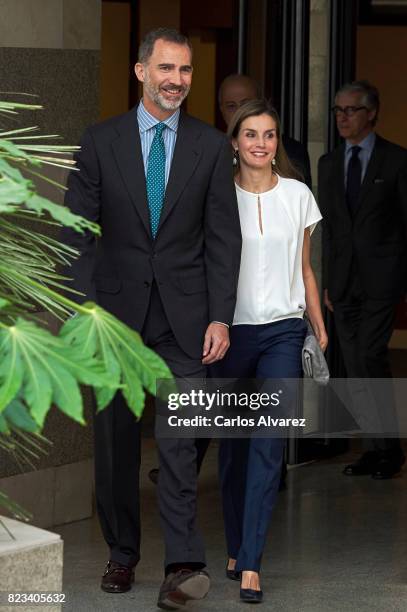 King Felipe VI of Spain and Queen Letizia of Spain attend the 016 telefonic hotline central for gender violence assistance on July 27, 2017 in...