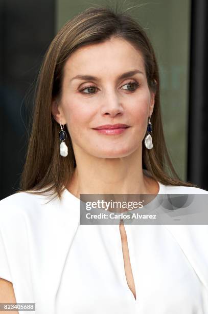 Queen Letizia of Spain attends the 016 telefonic hotline central for gender violence assistance on July 27, 2017 in Madrid, Spain.