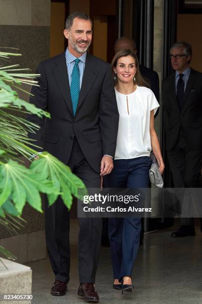 King Felipe VI of Spain and Queen Letizia of Spain attend the 016 telefonic hotline central for gender violence assistance on July 27, 2017 in...