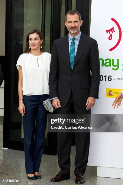 King Felipe VI of Spain and Queen Letizia of Spain attend the 016 telefonic hotline central for gender violence assistance on July 27, 2017 in...