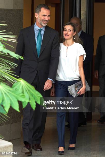 King Felipe VI of Spain and Queen Letizia of Spain attend the 016 telefonic hotline central for gender violence assistance on July 27, 2017 in...