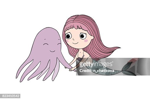 Cute Cartoon Mermaid And Octopus Siren Sea Theme Hand Drawing Isolated  Objects On White Background High-Res Vector Graphic - Getty Images
