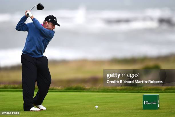 Billy Mayfair of the United States tees off on the 3rd hole during the first round of the the Senior Open Championship presented by Rolex at Royal...