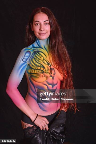 Model shows the result of the workshop given by Brazilian bodypaint artist Alex Hansen at the World Bodypainting Festival 2017 on July 26, 2017 in...