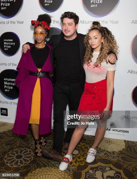 Lianne La Havas, Marcus Mumford and Ella Eyre attend the nominations of the Hyundai Mercury Prize at The Langham Hotel on July 27, 2017 in London,...