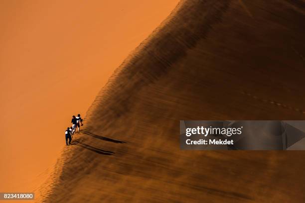 tourists climbing up the dune 45 in sandstorm, namib desert, namibia - namib desert stock pictures, royalty-free photos & images