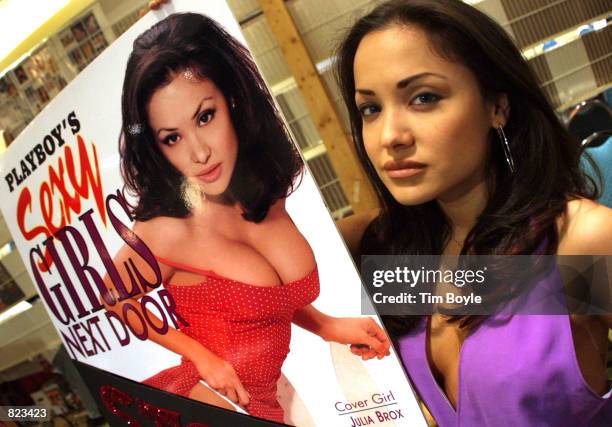 Playboy cover-girl Julia Brox poses with her poster April 7, 2001 at the Vintage And Modern Pinup Show in Rosemont, IL. The V.A.M.P. Is a celebration...