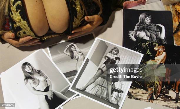 The breasts of model Michelle Angelo are displayed with some of her older photographs April 7, 2001 at the Vintage And Modern Pinup Show in Rosemont,...