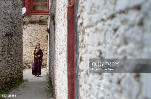 tibetan young woman in the temple - tibetan ethnicity stock pictures, royalty-free photos & images