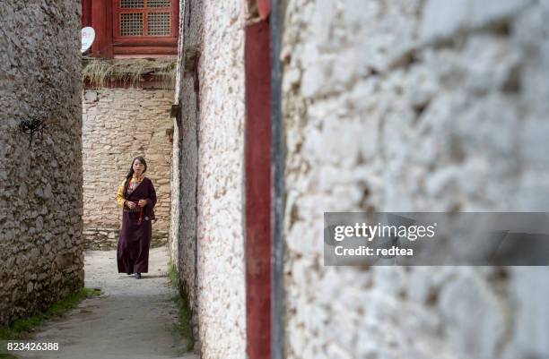 tibetan young woman in the temple - tibetan ethnicity imagens e fotografias de stock