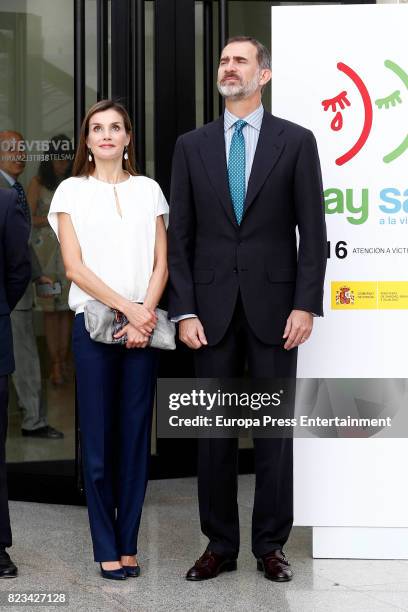 King Felipe of Spain and Queen Letizia of Spain attend the 016 Telefonic Hotline Central for Gender Violence Assistance on July 27, 2017 in Madrid,...