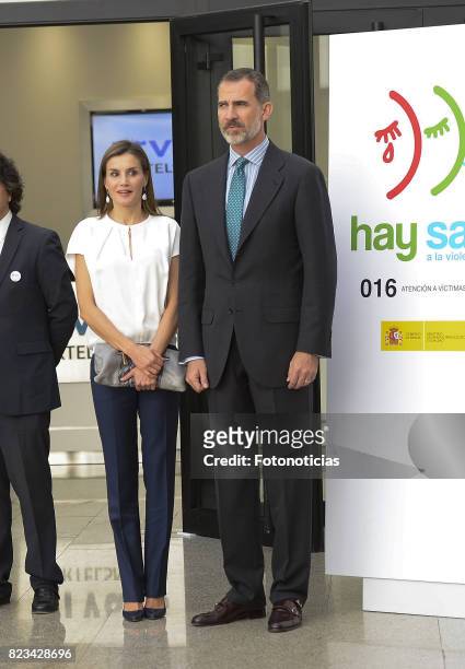 King Felipe VI of Spain and Queen Letizia of Spain visit the 016 Telefonic Hotline Central for Gender Violence Assistance on July 27, 2017 in Madrid,...