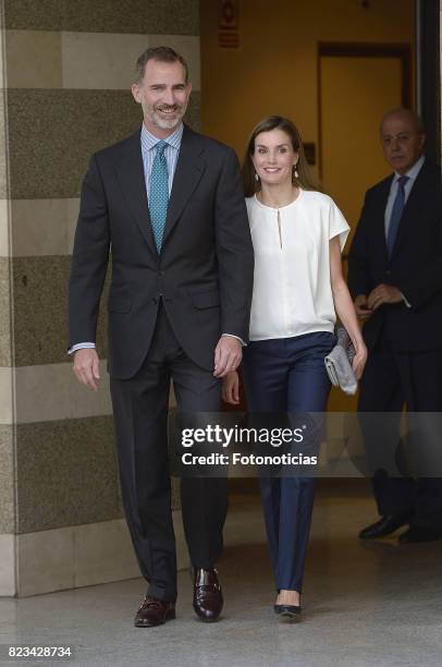 King Felipe VI of Spain and Queen Letizia of Spain visit the 016 Telefonic Hotline Central for Gender Violence Assistance on July 27, 2017 in Madrid,...