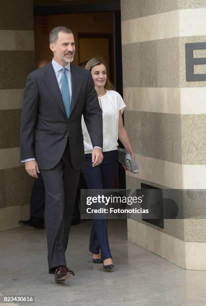 King Felipe VI of Spain and Queen Letizia of Spain visit the 016 Telefonic Hotline Central for Gender Violence Assistance on July 27, 2017 in Madrid,...