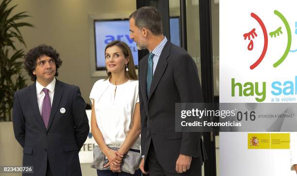 King Felipe VI of Spain and Queen Letizia of Spain visit the 016 Telefonic Hotline Central for Gender Violence Assistance on July 27, 2017 in Madrid,...