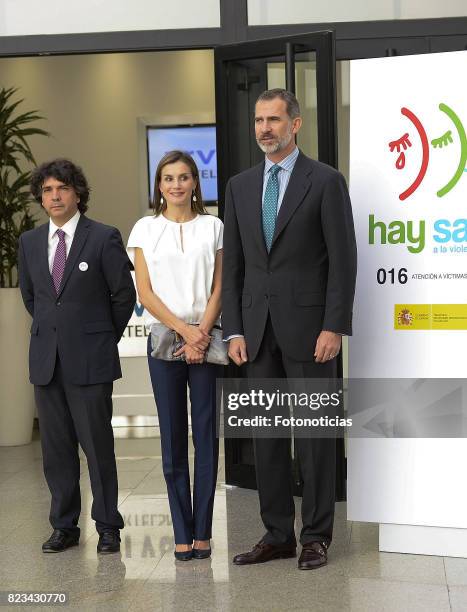 King Felipe VI of Spain and Queen Letizia of Spain visit the 016 Telefonic Hotline Central for Gender Violence Assistance on July 27, 2017 in Madrid,...