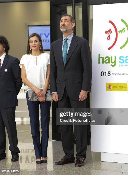 King Felipe VI of Spain and Queen Letizia of Spain visit the 016 Telefonic Hotline Central for Gender Violence Assistance on July 27, 2017 in Madrid,...