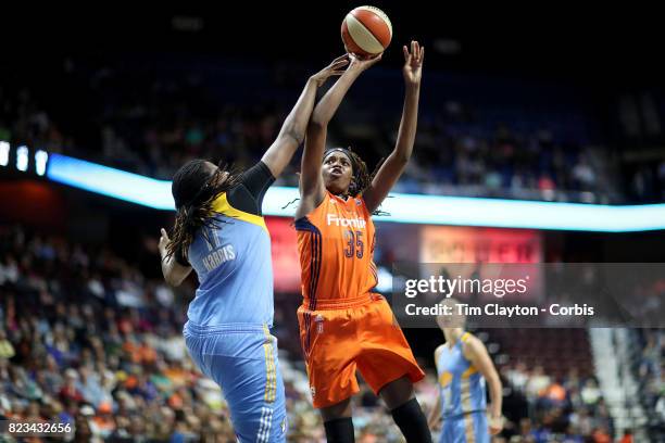 Jonquel Jones of the Connecticut Sun shoots while defended by Amber Harris of the Chicago Sky during the Connecticut Sun Vs Chicago Sky, WNBA regular...