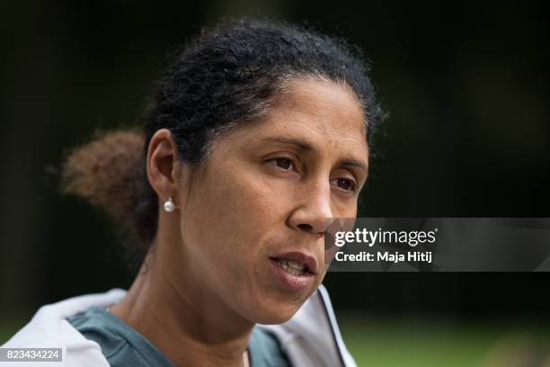 Head Coach Steffi Jones of Germany gives an interview prior Germany Press Conference on July 27, 2017 in 's-Hertogenbosch, Netherlands.