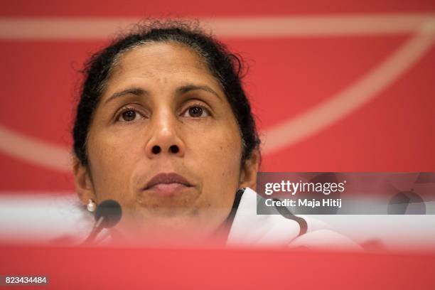 Head Coach Steffi Jones speaks during the Germany Press Conference on July 27, 2017 in 's-Hertogenbosch, Netherlands.