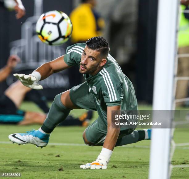 Real Madrid goalkeeper Kiko Casilla eyes on a ball during the second half of the International Champions Cup match against Manchester City on July...