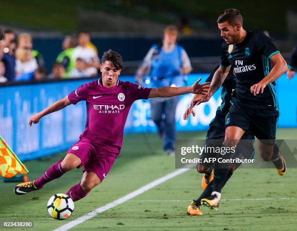 Manchester City midfielder Brahim Diaz, vies the ball against Real Madrid during the second half of the International Champions Cup match on July 26,...