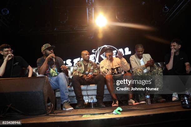 Jeff Rosenthal, Kyambo "Hip-Hop" Joshua, Kareem 'Biggs' Burke, Lenny S., Young Guru, and Eric Rosenthal speak onstage during A Waste Of Time Live:...