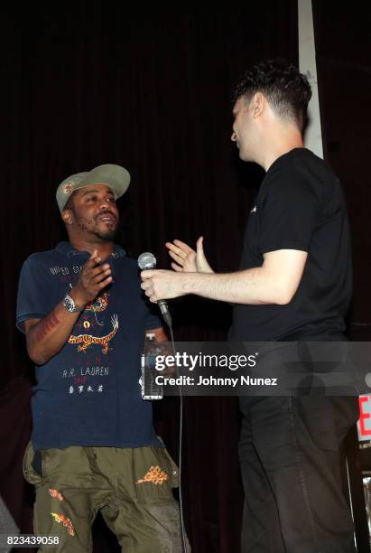 Just Blaze and Eric Rosenthal speak onstage during A Waste Of Time Live: ItsTheReal celebrates Rockafella Records at Highline Ballroom on July 26,...