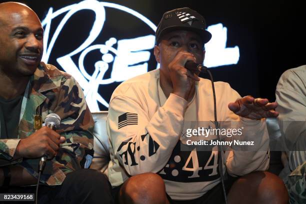 Kareem 'Biggs' Burke and Lenny S. Speak onstage during A Waste Of Time Live: ItsTheReal celebrates Rockafella Records at Highline Ballroom on July...