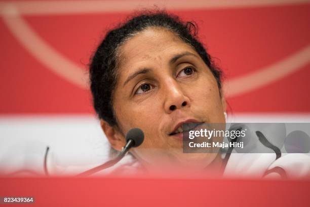 Head Coach Steffi Jones speaks during the Germany Press Conference on July 27, 2017 in 's-Hertogenbosch, Netherlands.