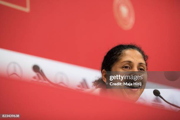 Head Coach Steffi Jones smiles during the Germany Press Conference on July 27, 2017 in 's-Hertogenbosch, Netherlands.